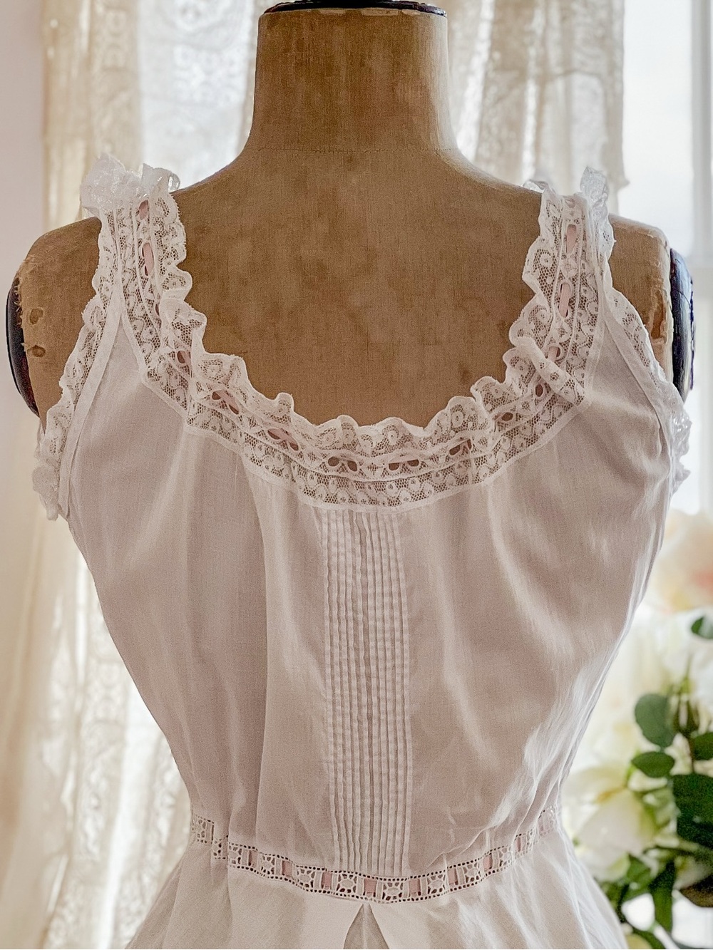 Edwardian White Lace Underdress with Pink Silk Ribbon Size XS - Picture 8 of 15